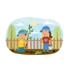 Two Young Kids Working In Garden Together