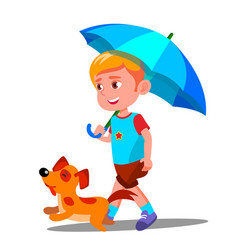 Little Boy Walking A Dog Under Umbrella