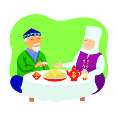 Kazakh Old Man And Old Woman Drink Tea