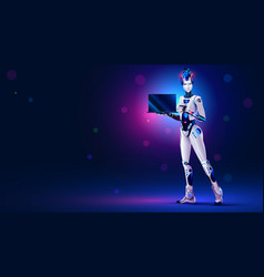 Robot Woman Standing On Scene With Laptop