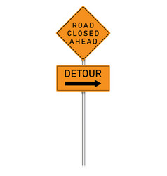 Road Closed Detour Sign On A Pole