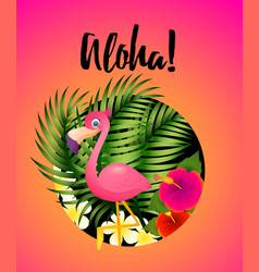 Aloha Lettering With Tropical Plants And Flamingo