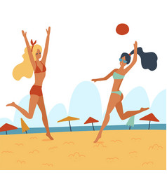 Two Young Women Playing Volleyball On The Beach