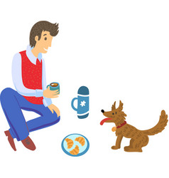 Man Drinking Coffee And Playing With A Dog