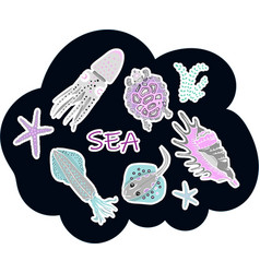 Sea Animals Stickers On Black Background Skat