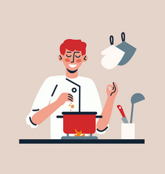 Chef In White Coat Standing Near Stove Cooking