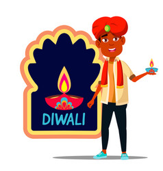 Indian Child Boy In Turban With Diwali Banner