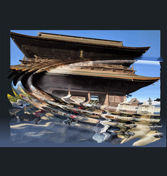 Japanese Buddhist Temple In A Distorted Mirror