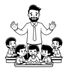 Teacher With Children In A Flat Cartoon Style