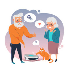 Elderly Couple And Cat Enjoy Robot Vacuum Cleaner