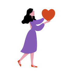 Young Woman In Violet Dress Holding Red Heart