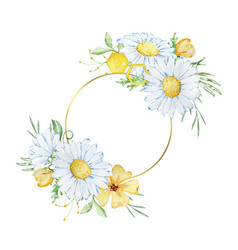 Golden Round Frame With Watercolor Chamomile