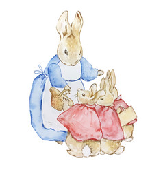 Watercolor Rabbit Mom With Flopsy Bunnies