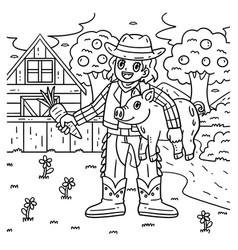 Cowgirl With Piglet And Carrot Coloring Page