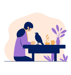 A Woman Sitting At Table With Bird Japanese