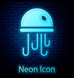 Glowing Neon Jellyfish Icon Isolated On Brick