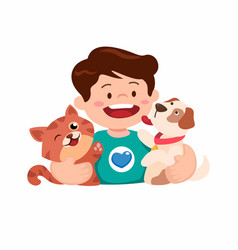 Boy With Pet Kitten And Puppy Animal Lover Symbol