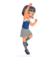 Little Asian Girl In School Uniform Jumping With