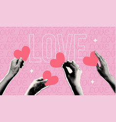 Halftone Torn Out Collage Hands Holding Hearts