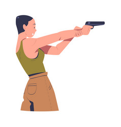 Side View Of Young Woman Aiming At Target With Gun