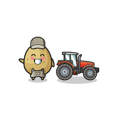 Potato Farmer Mascot Standing Beside A Tractor