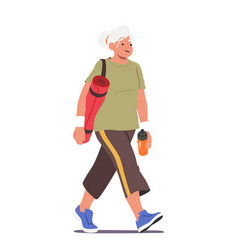 Senior Female Character With Yoga Mat Walking