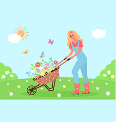 Woman Pushing Garden Cart With Flowers