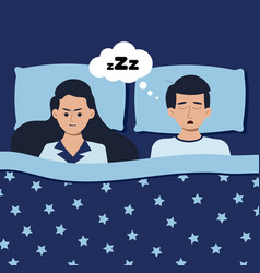 Man Zzz Snore And Woman Sleep At Night In Bed