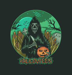 Grim Reaper Holding Pumpkin And Knife In Cornfield