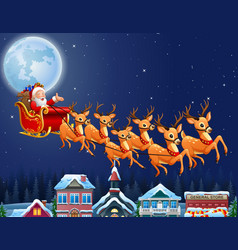 Santa rides reindeer sleigh flying in the sky Vector Image