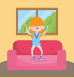 Children Day Little Girl Jumping In Sofa