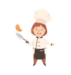 Cute Girl Chef Cook Tossing Pancake On Frying Pan