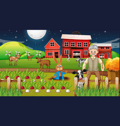 Farm At Night Scene With Old Farmer Man And