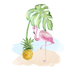 Watercolor Flamingo With Monstera And Pineapple