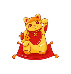 Golden Cat Maneki Neko With Raised Paw On A Red