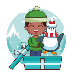 Boy With Winter Clothes And Penguin Inside Gift