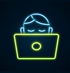 Glowing Neon Line Student Working At Laptop Icon