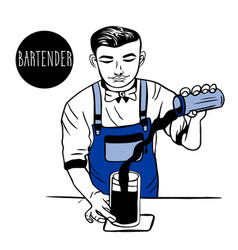 Man Bartender In An Apron Makes Cocktail Pours