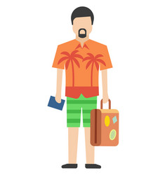 Man In Vacation Shirt With Passport And Travel Bag