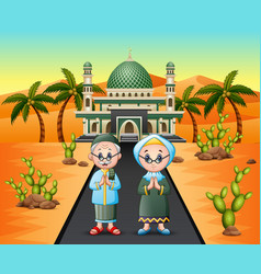 Old Muslim Couple In Front Mosque On Desert