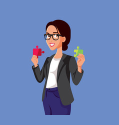 Smart Business Woman Holding Two Pieces Of Puzzle