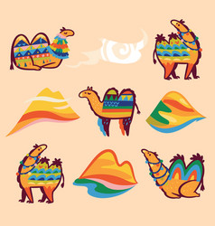 Set With Camels Desert And Hills In Cartoon