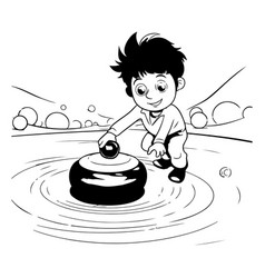 Little Boy Playing With A Stone In The Water