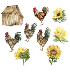 Watercolor Wooden Farmhouse Sunflowers And Cock