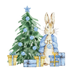 Watercolor Peter Rabbit With Decorated Christmas