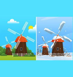 Countryside With Windmill In Different Seasons