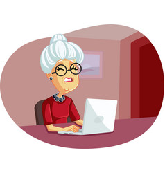 Stressed Senior Woman Using Laptop Cartoon