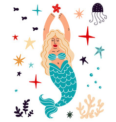 Cute Mermaid With Blonde Hair And Marine Animals