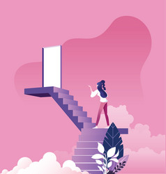 Businesswoman Walking Up Staircase To Door In Sky