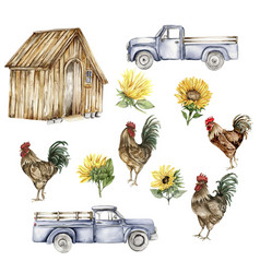 Watercolor Wooden Farmhouse Sunflowers And Cock